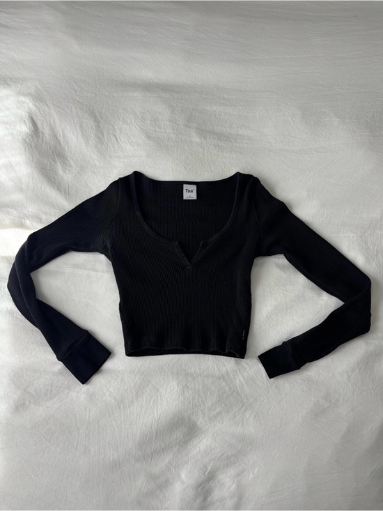 TNA Tops - TNA Aritzia Black Waffle Knit Cropped Long Sleeve Top XS